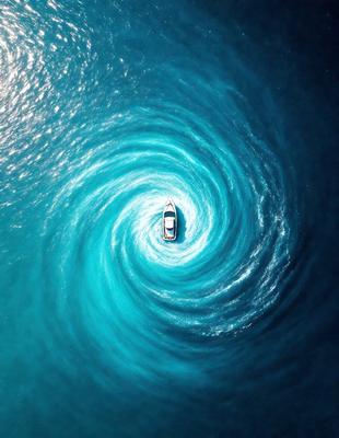 The primary subject of the image is a boat, which is the main object in the scene. The boat is floating on a body of water, surrounded by a blue ocean. The visual style of the image is a photo, capturing the boat in its natural environment. The colors and mood of the image are predominantly blue, creating a serene and calming atmosphere.